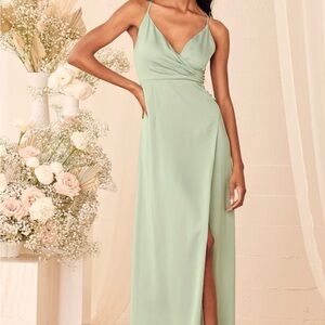 Lulu's Sage Green Satin Surplice Maxi Dress